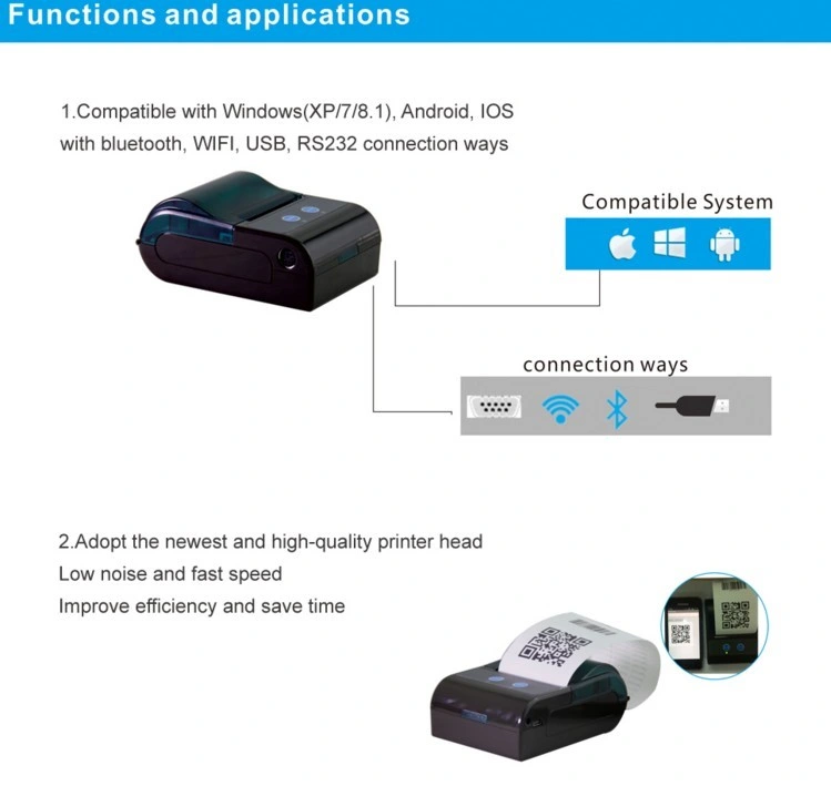 Android Mini 58mm Receipt Thermal Printer Bluetooth USB Interface