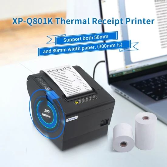 Impressora de recibos térmica Xprinter XP-Q801K de alta velocidade 80 mm com impressora USB POS